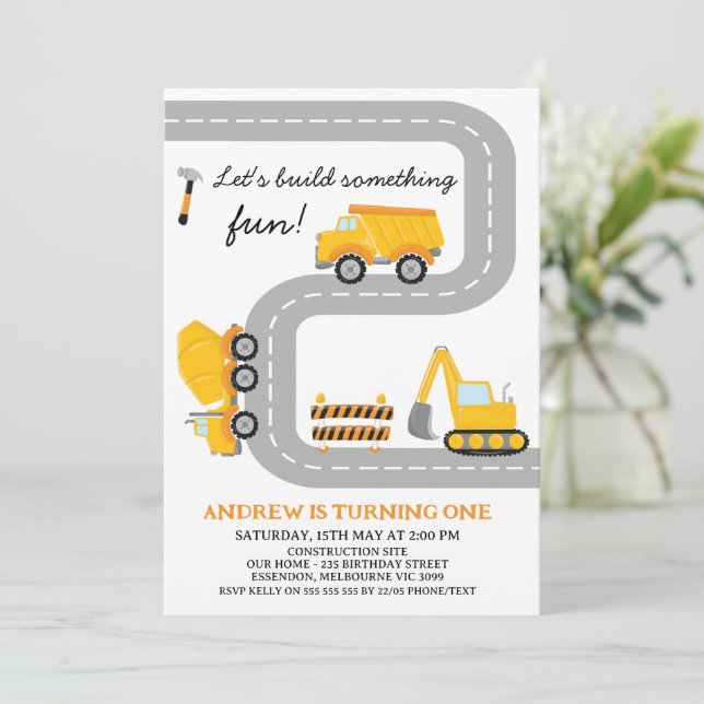 Modern Yellow Construction Build Fun 1st Birthday Invitation (Standing Front)