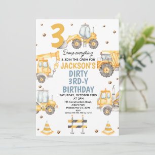 Modern Yellow Construction Dirty 3rdy Birthday Invitation