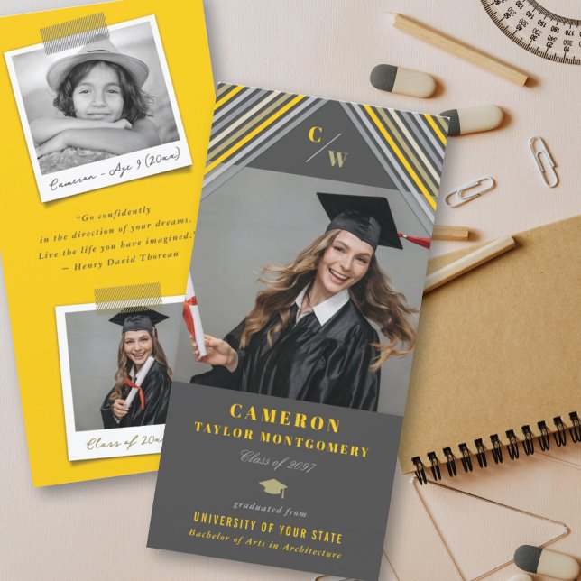 Modern Yellow Diagonal Stripes Photo Graduation Announcement (Creator Uploaded)