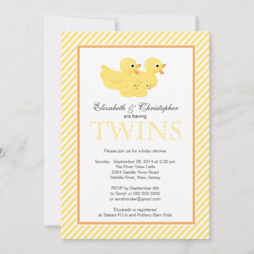 Modern Yellow Ducks Couple Twins Baby Shower Invitations