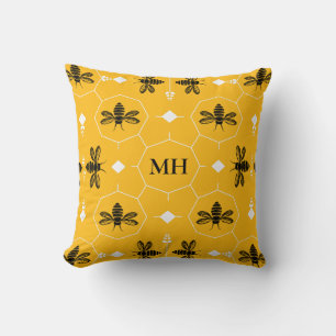 Modern Yellow Elegant Black Bee Pattern Monogram Throw Pillow