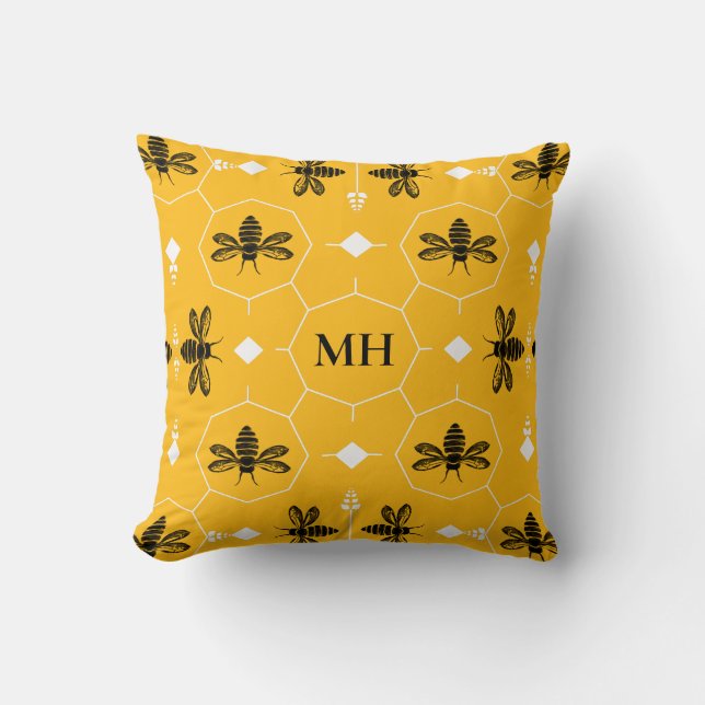 Modern Yellow Elegant Black Bee Pattern Monogram Throw Pillow (Front)