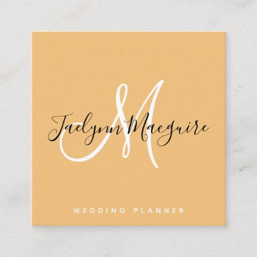 Modern yellow elegant script signature monogram square business card