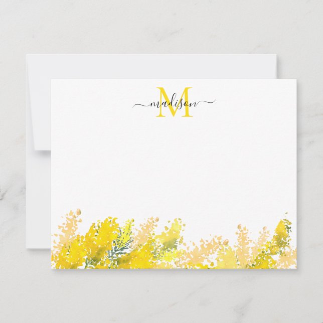 Modern Yellow Floral Mimosa Watercolor Monogram Note Card (Front)