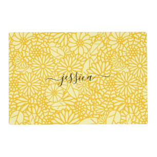 Modern yellow floral pattern script name placemat