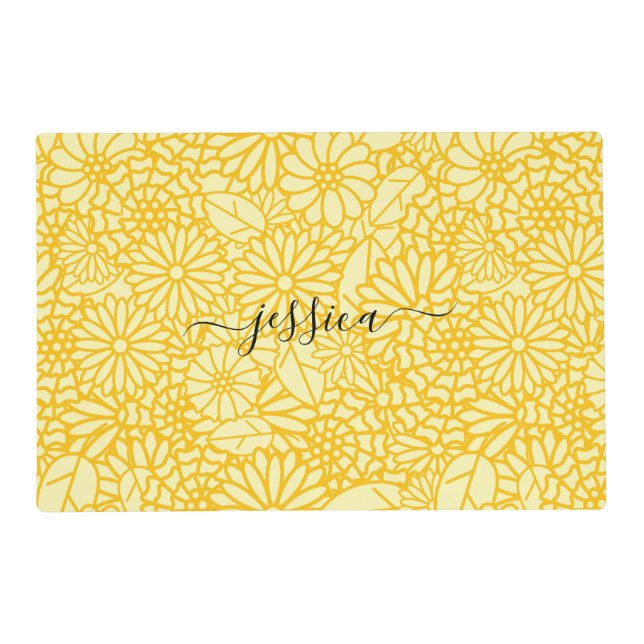 Modern yellow floral pattern script name placemat (Front)