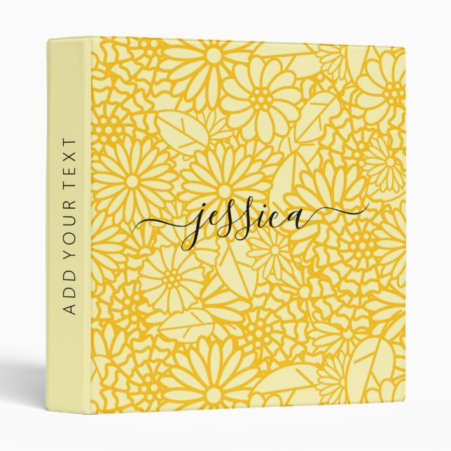 Modern yellow floral script name 3 ring binder (Front/Spine)