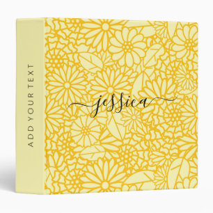 Modern yellow floral script name 3 ring binder