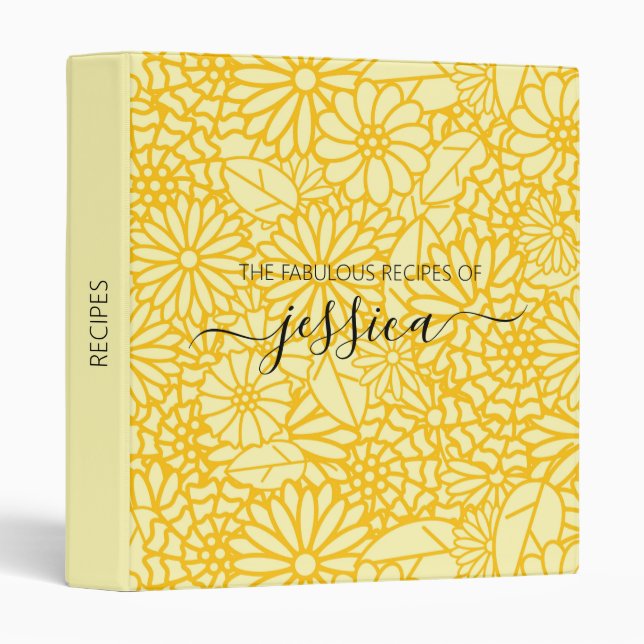 Modern yellow floral script name Recipe 3 Ring Binder (Front/Spine)