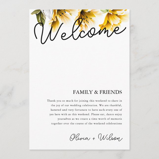 Modern Yellow Floral Wedding Weekend Itinerary Program (Front)