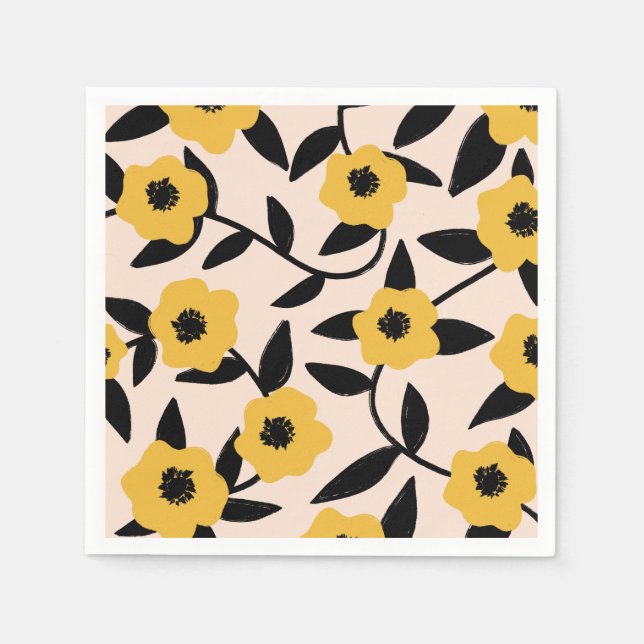 Modern Yellow Flowers Black Leaves Pattern Napkins (Front)