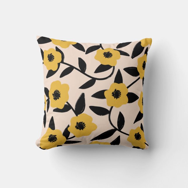 Modern Yellow Flowers Black Leaves Pattern Throw Pillow (Front)