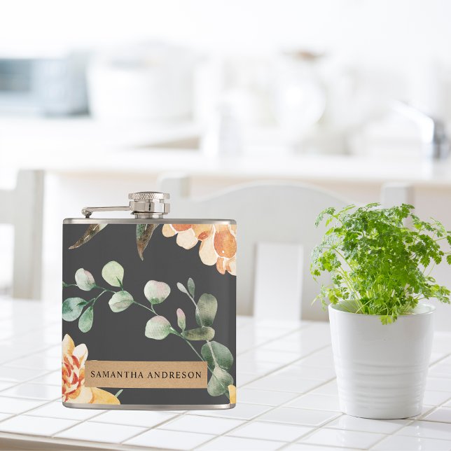 Modern Yellow Flowers & Kraft Personalized Gift Flask (Creator Uploaded)