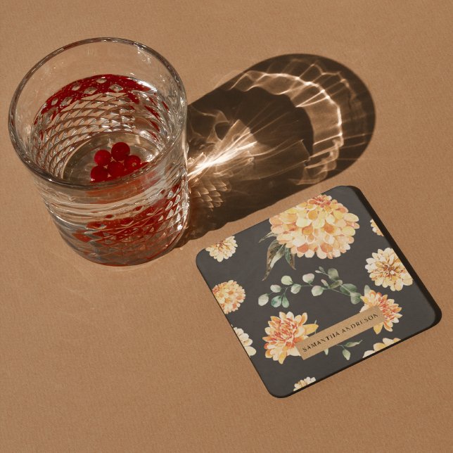 Modern Yellow Flowers & Kraft Personalized Gift Square Paper Coaster (Creator Uploaded)