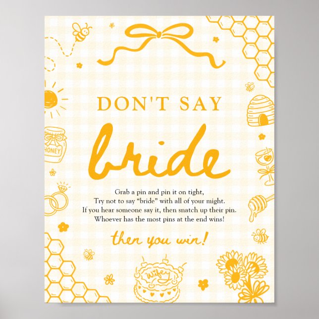 Modern Yellow Gingham Honey Bee Don't Say Bride Poster (Front)
