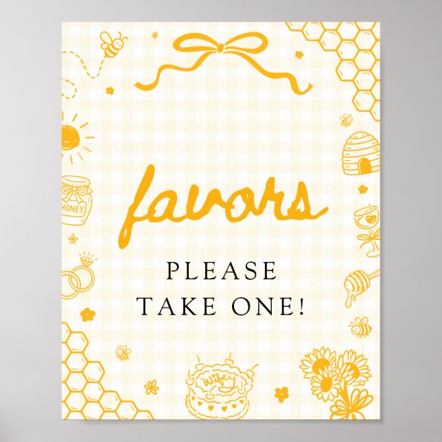 Modern Yellow Gingham Honey Bee Favors Sign (Front)