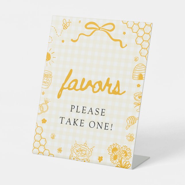 Modern Yellow Gingham Honey Bee Favors Sign (Front)