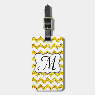 Modern Yellow Glitter Chevron Monogram Luggage Tag