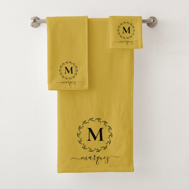 Modern Yellow Gold Black Botanical Wreath Monogram Bath Towel Set (Insitu)