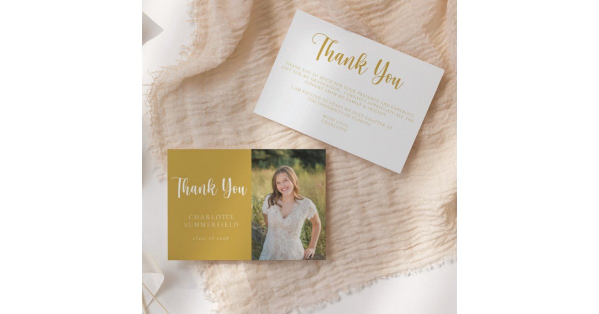 Modern Yellow Gold Graduation Thank You Card | Zazzle