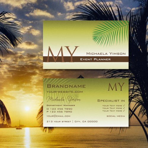 Modern Yellow Gradient and Palm Leaf with Monogram Business Card