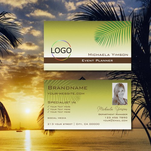 Modern Yellow Gradient Palm Leaf Logo and Photo Business Card