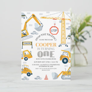 Modern Yellow Gray Construction 1st Birthday  Invitation