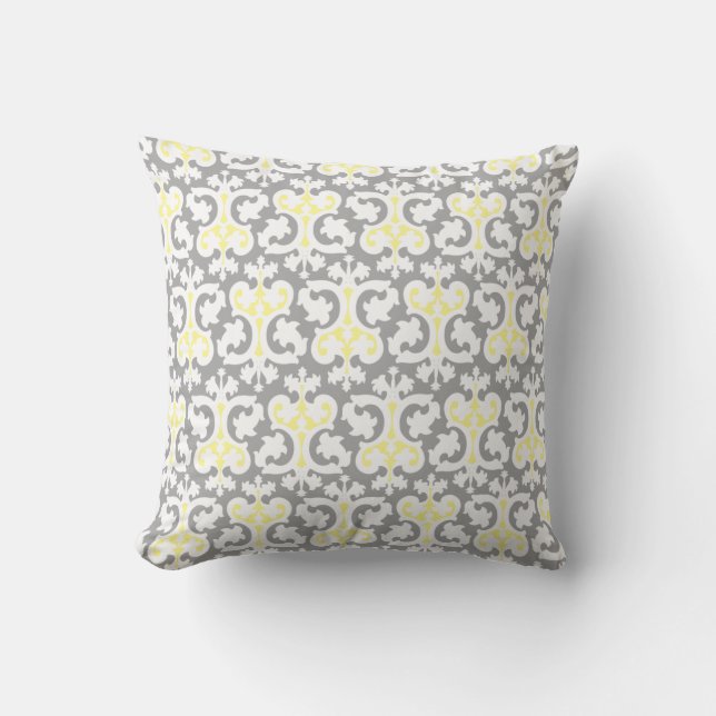 Modern Yellow Gray Damask Look Throw Pillow (Front)