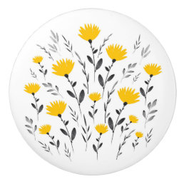 Modern Yellow Gray Floral Motif Ceramic Knob