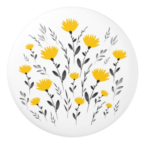 Modern Yellow Gray Floral Motif Ceramic Knob