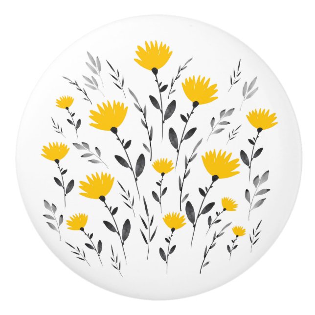 Modern Yellow Gray Floral Motif Ceramic Knob (Front)