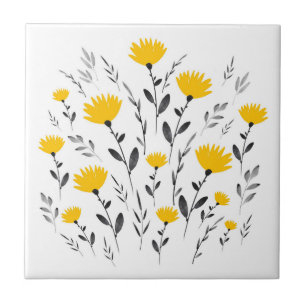Modern Yellow Gray Floral Motif Ceramic Tile