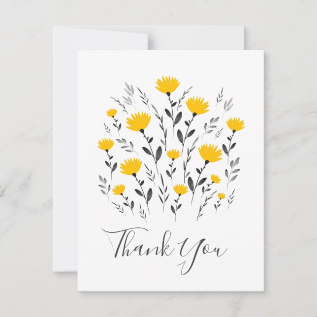 Modern Yellow Gray Floral Motif Thank You Card (Front)