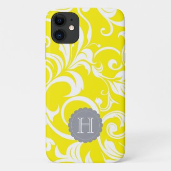 Modern Yellow Gray Floral Wallpaper Swirl Monogram Iphone 11 Case by its_sparkle_motion at Zazzle