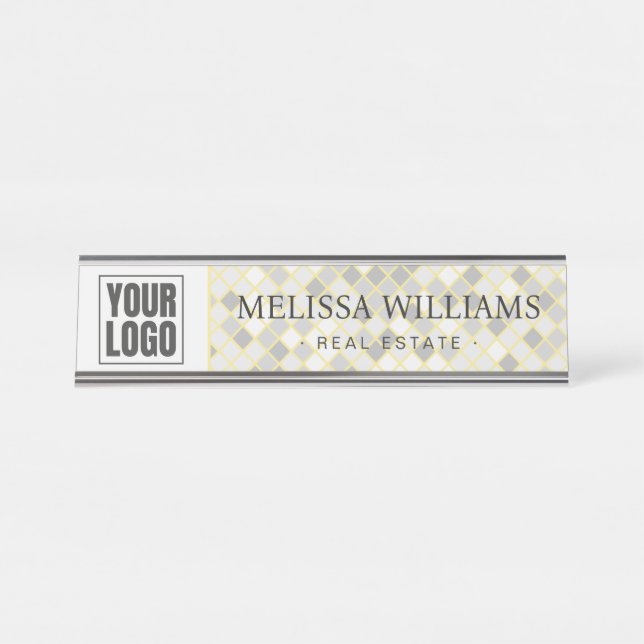 Modern Yellow & Gray Geometric Desk Name Plate (Front)