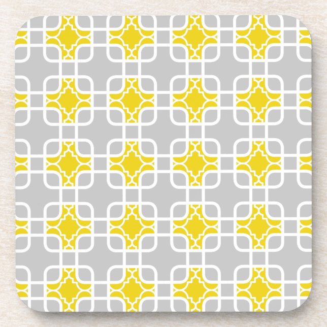Modern Yellow & Gray Geometric Pattern Beverage Coaster (Front)
