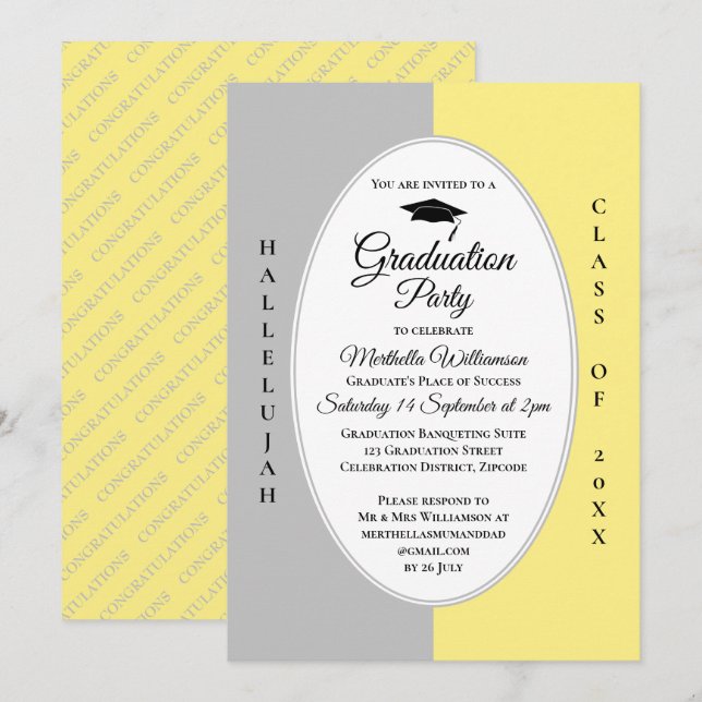 Modern Yellow Gray Hallelujah Graduation Invitation (Front/Back)
