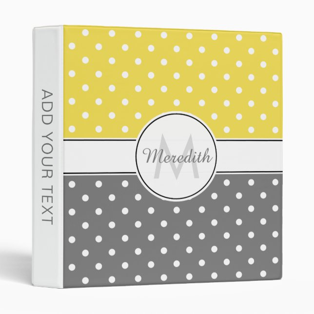 Modern Yellow Gray Polka Dot Pattern Monogram 3 Ring Binder (Front/Spine)