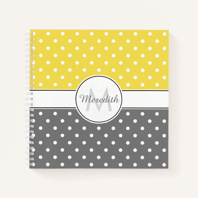 Modern Yellow Gray Polka Dot Pattern Monogram Notebook (Front)