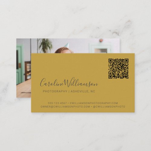Modern Yellow Gray Script Photo QR Code Custom Business Card