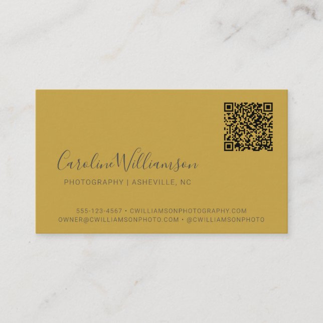 Modern Yellow Gray Script Photo QR Code Custom Business Card (Front)