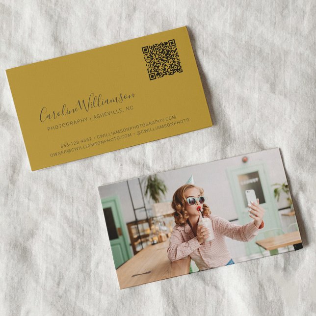 Modern Yellow Gray Script Photo QR Code Custom Business Card (Creator Uploaded)