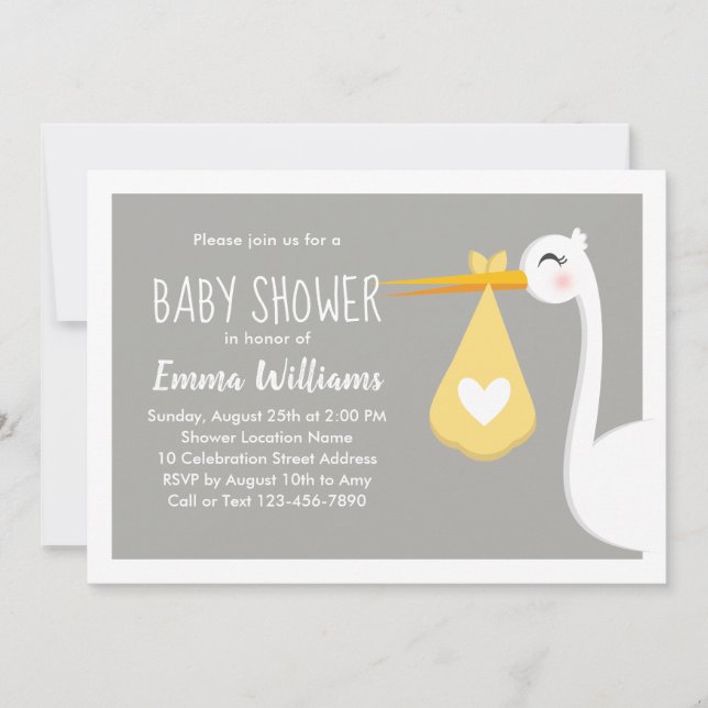 Modern Yellow Gray Stork Bird  | Cute Baby Shower Invitation (Front)