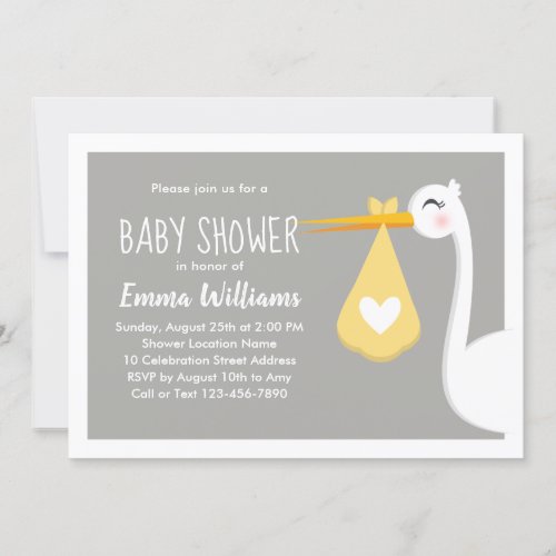 Modern Yellow Gray Stork Bird   Cute Baby Shower Invitation