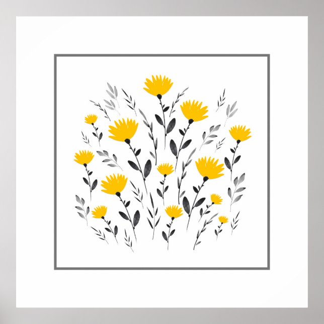 Modern Yellow Gray Watercolor Floral Motif   Poster (Front)