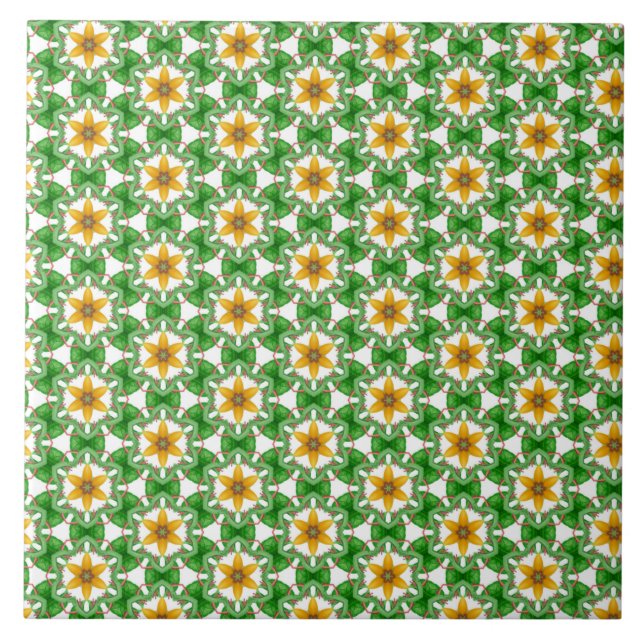 Modern Yellow Green Abstract Geometric Floral Ceramic Tile (Front)