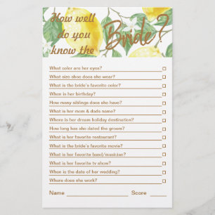Modern Yellow Green Lemon Bridal Shower Game