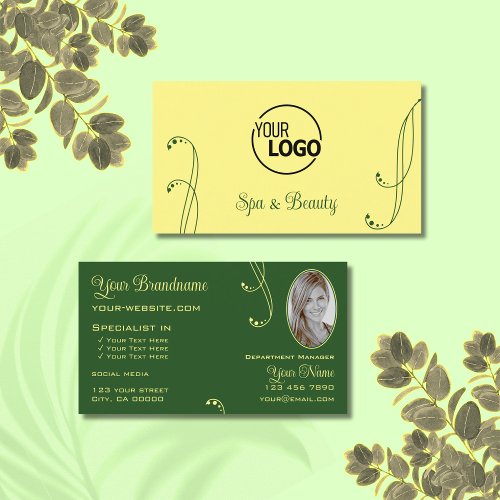 Modern Yellow Green Ornate with Logo and Photo Business Card