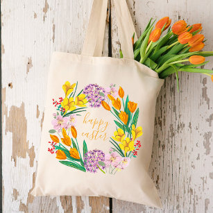 Modern yellow & green spring flowers happy easter tote bag