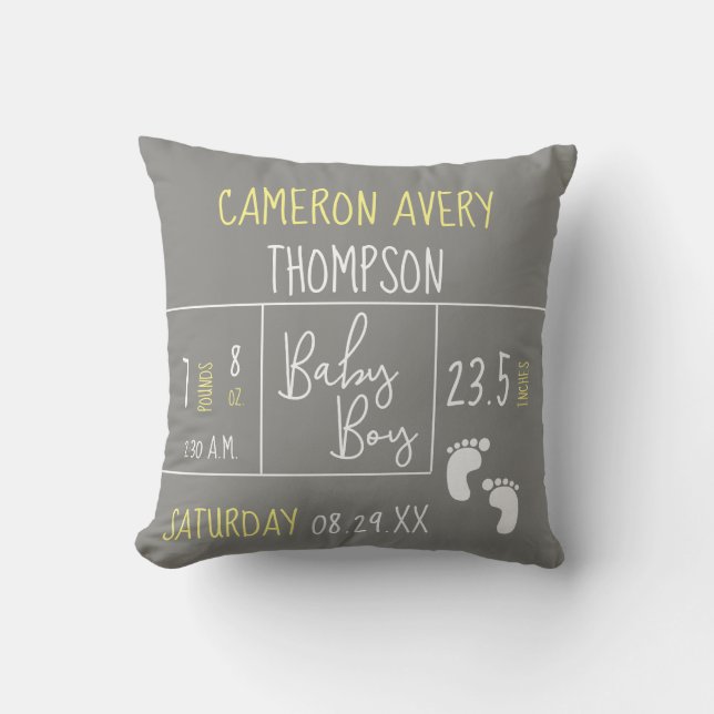 Modern Yellow Grey Baby Boy photo Birth Throw Pillow (Front)